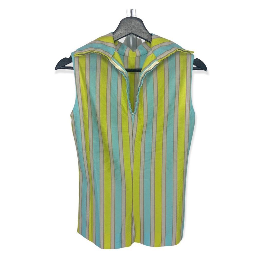 Handmade 60s Stripe Sleeveless Zip Up Top Medium